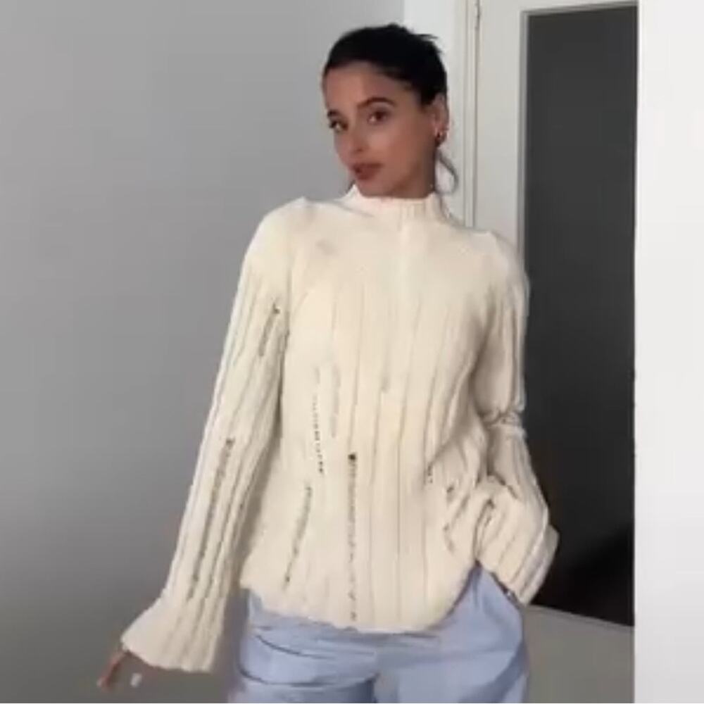 Zara Cream Chunky Ribbed Crewneck Sweater